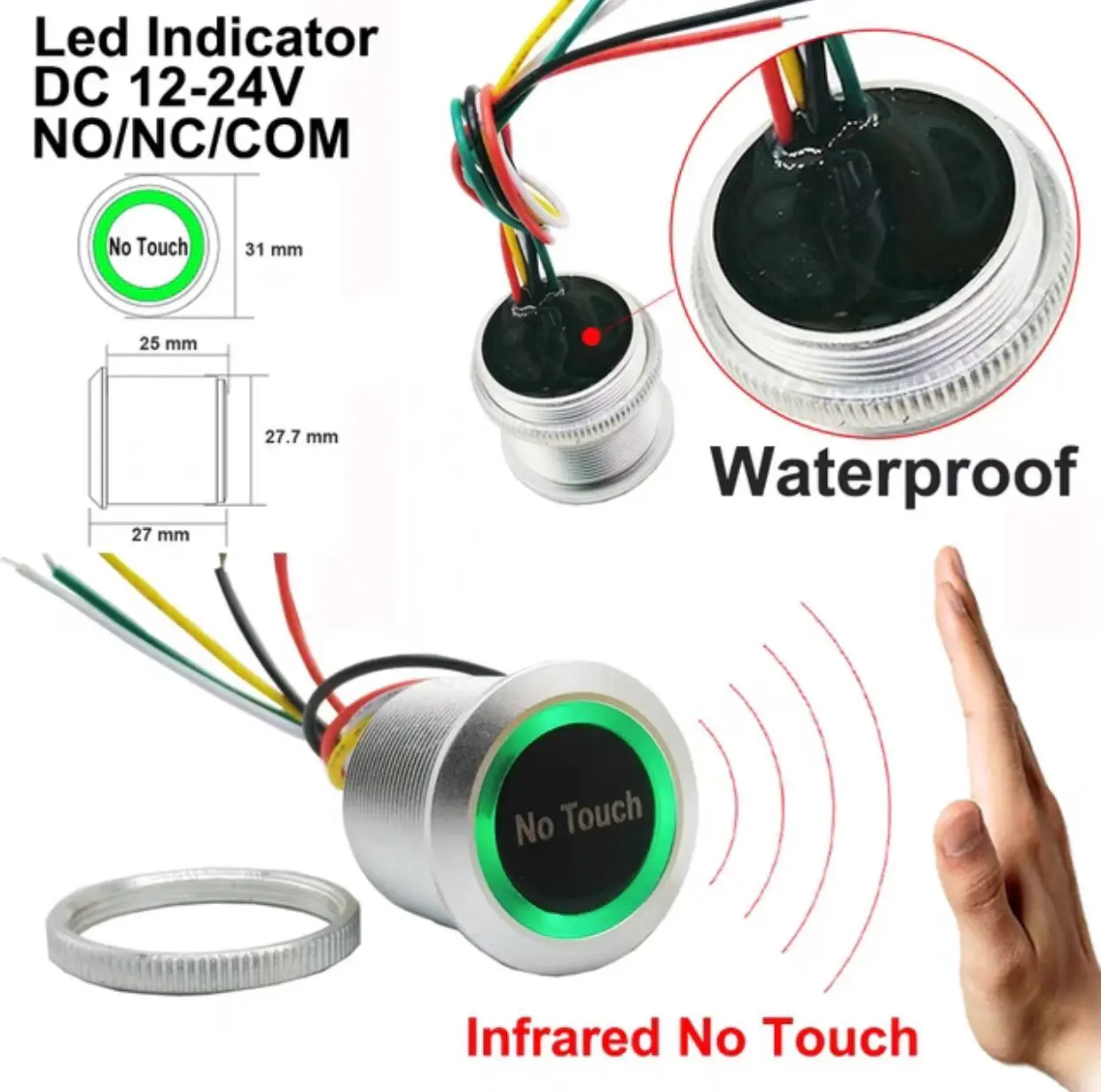 Водонепроницаемый бесконтактный выключатель без сенсорного датчика, кнопка для выхода индукционного типа, со светодиодом, 12 В/24 В