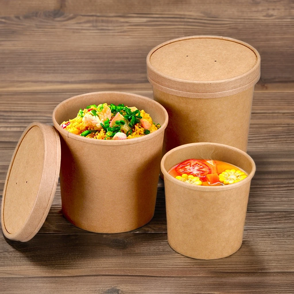 Biodegradable 8oz 12oz 16oz Kraft Paper Soup Cup Fast Food  Paper Bowl Soup Container with Lids