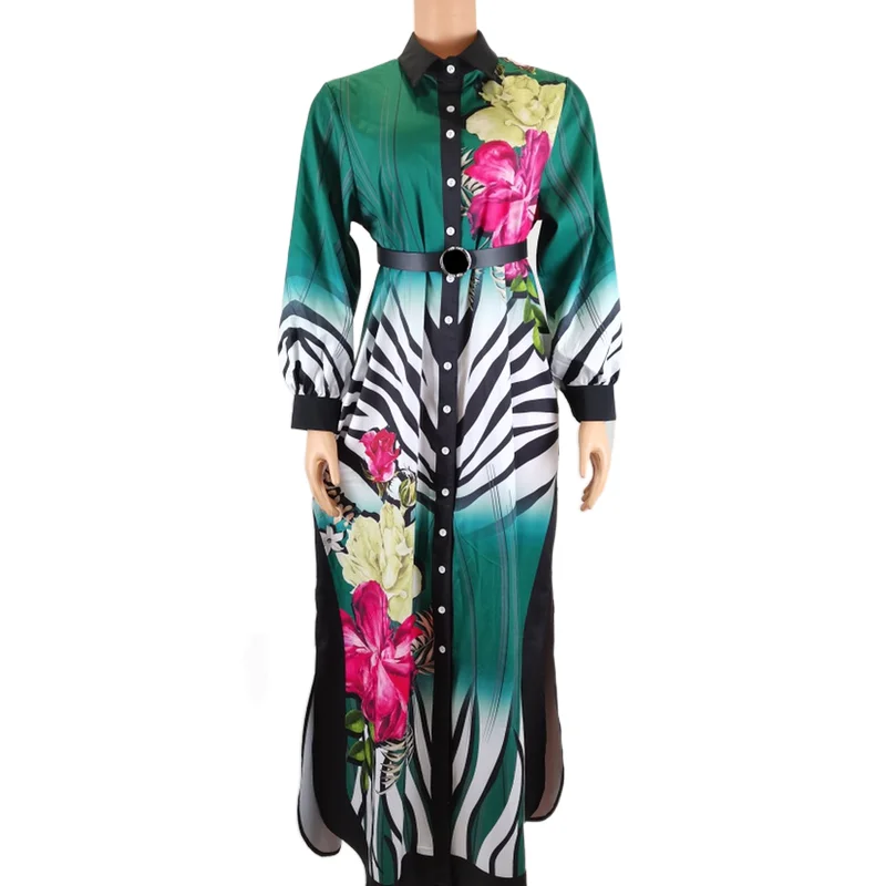 summer Autumn Fashion Women Long Sleeve Printed OL Long Dresses Ladies Turn down Collar Loose Sundress Party Dresses Shirt Dress