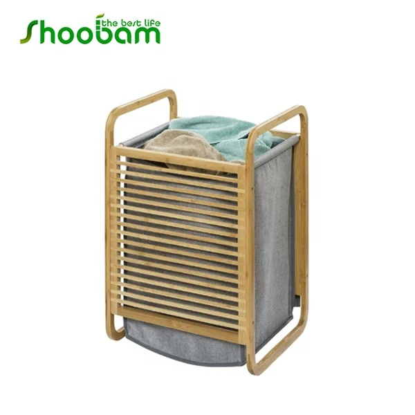 Removable Sliding Bags Wooden Laundry Organizer Cabinet Bamboo Laundry Hamper