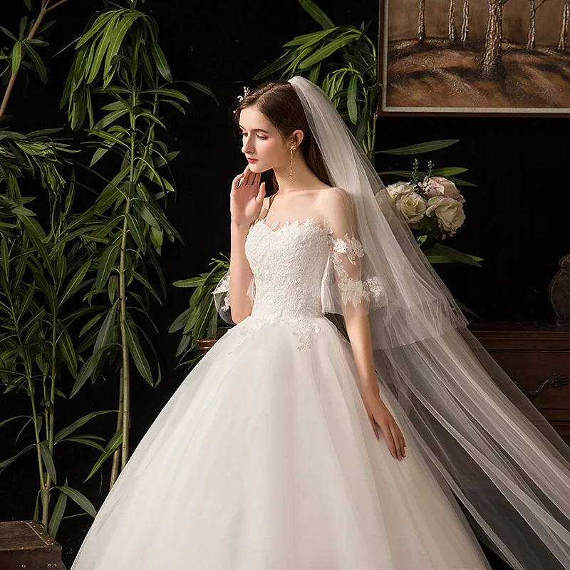 Elegant A-line bell sleeve Floor-length Bridal Gown white Organza Wedding Dress