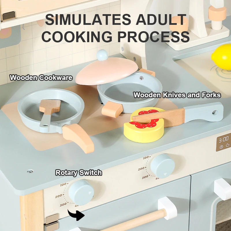Children Play House Kitchen Set Cooking Wooden Kitchenware Simulation Cooking Pretend Play Toys Food Toys for 2+ Year Old