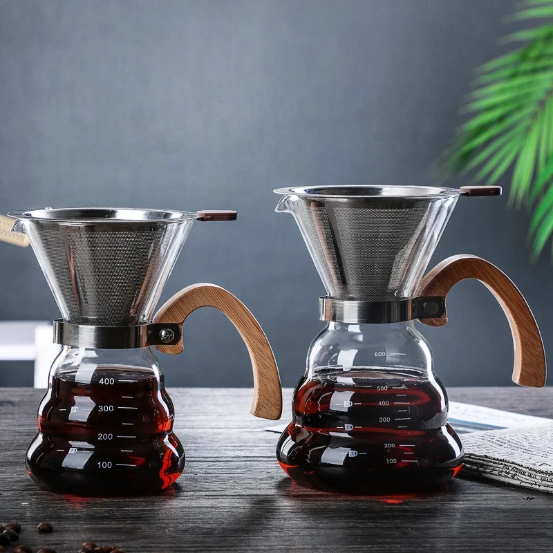 Hot Sale Coffee Glass Pot Coffee Drip Pot Borosilicate 2 cup 4 cup coffee pot With Wooden Handle And Stainless Steel Filter