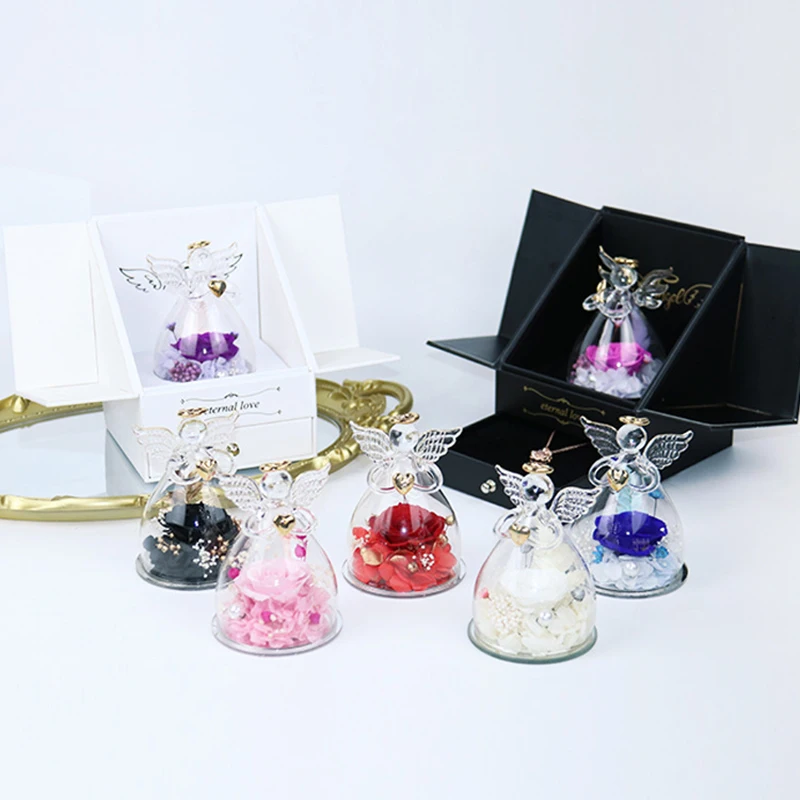 Mothers Day Gifts Double-Open Jewelry Gift Box Eluxury Ternal Rose Jewelry Box Angel Preserved Rose In Glass Dome for Women