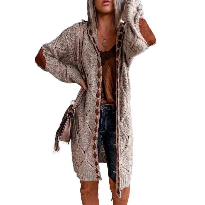 2021 модное осенне-зимнее вязаное длинное пальто с капюшоном, куртка, женский кардиган, женские свитера