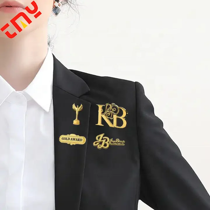 Popular Decorative  Custom Wholesale Luxury Embossed Gold Letter 3D Logo Suit Badge Metal Hollow Brooch Lapel Pin For Clothes