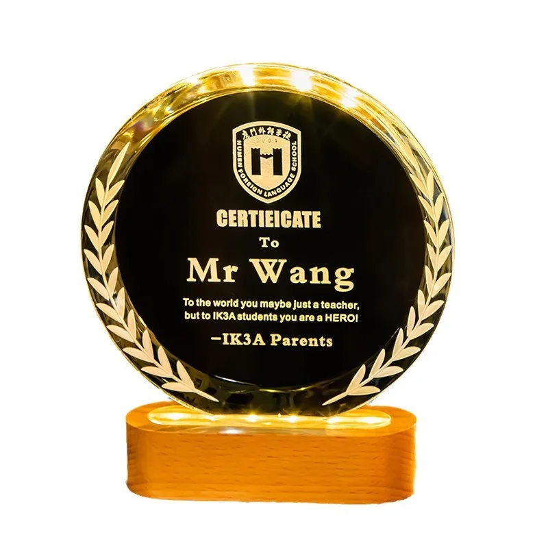 Honor of Crystal Creative Excellent Staff Competition Luminous Glass Awards Solid Wood K9 Blank Crystal Glass Custom LED Trophy