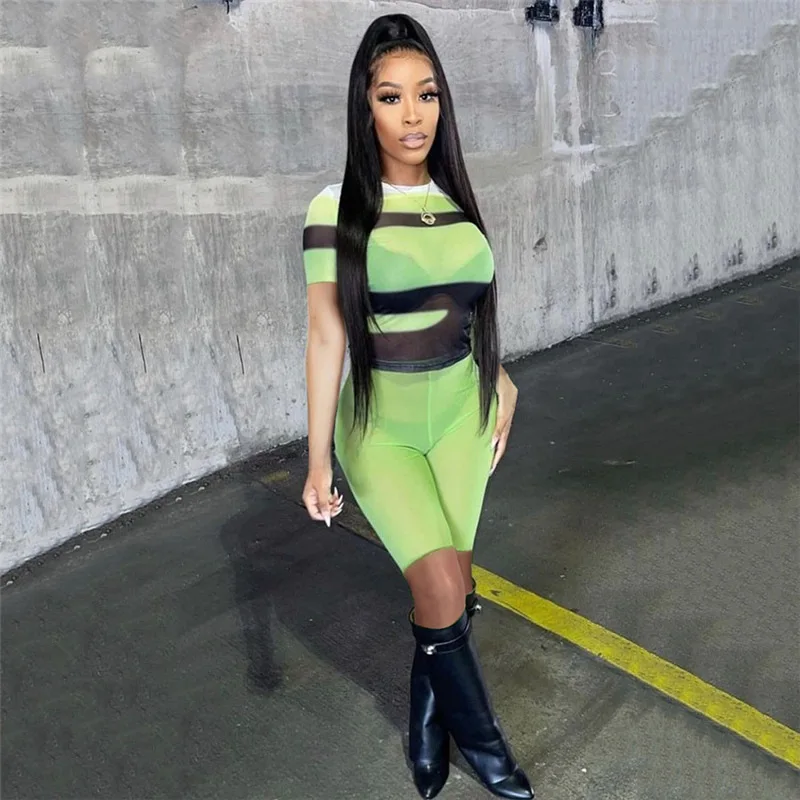 MD-2022061310    casual fashion short sleeve mesh printed top and shorts woman two piece set clothing