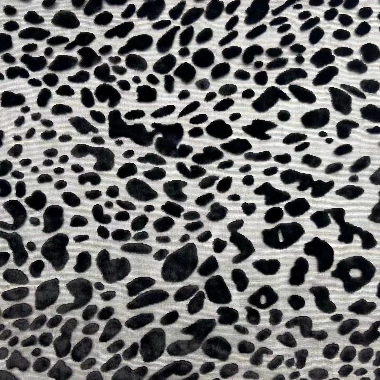 See through burn out 80% rayon 20%nylon knitted black leopard pattern velvet mesh burnout fabric