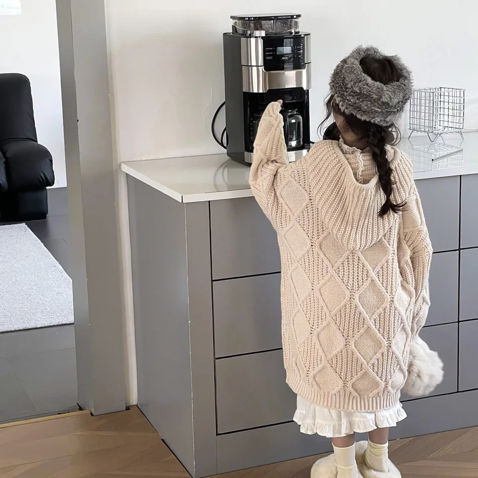 2023 Casual Winter Girls Knitted Hooded Sweater Dress for Kids