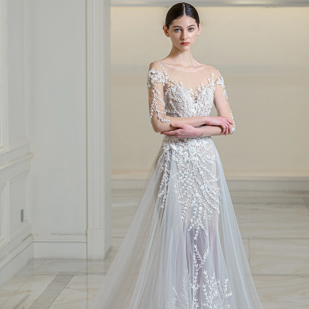 Sexy 2in1 long sleeves embroidery lace heavy beads  mermaid wedding dress with removable train skirt