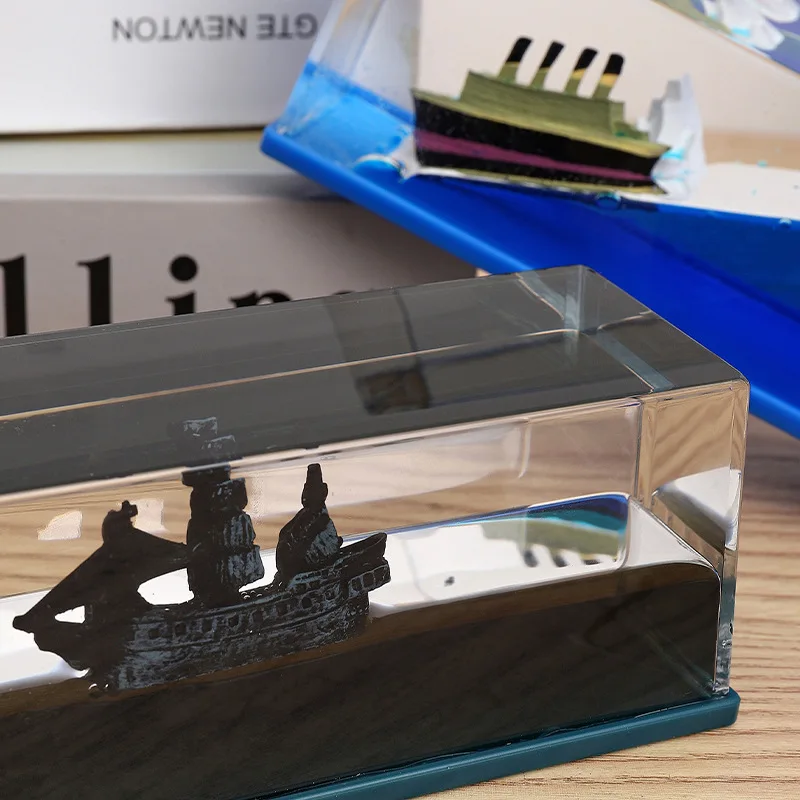 Unsinkable Boat in a Box Floating Cruise Ship Toy Liquid Wave Paper Weight Desk Toy