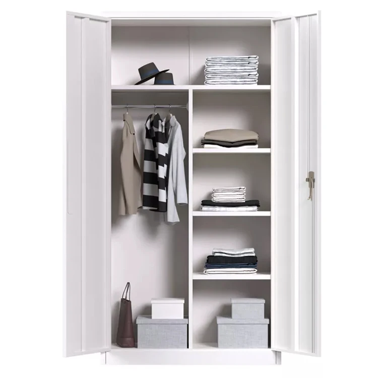 Large Metal Wardrobe Style Storage Cabinet with 3 Adjustable Shelves Cloth Rail Lockable Doors for Home Organization