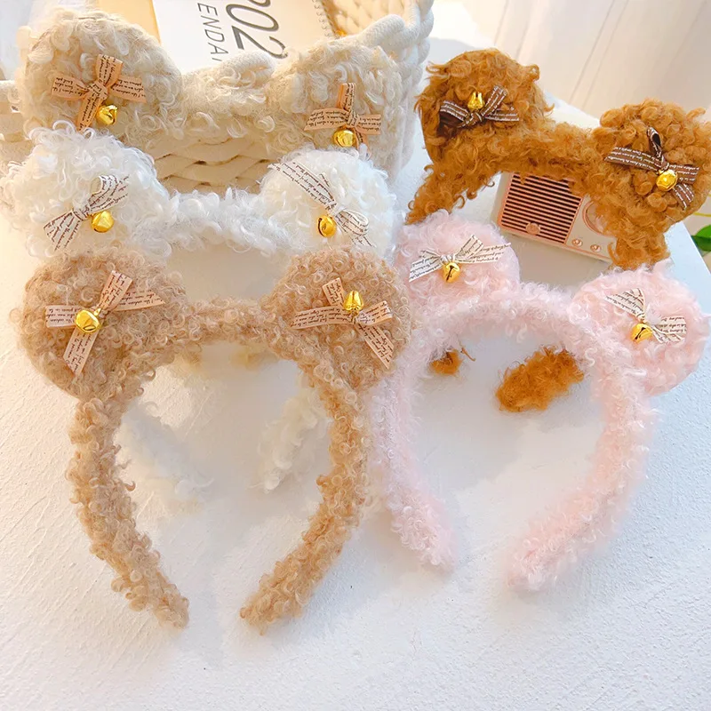 Повязка на голову в Корейском стиле с милыми ушками, повязка на голову с мультяшным колокольчиком из ягненка, плюшевая повязка на голову для мытья лица