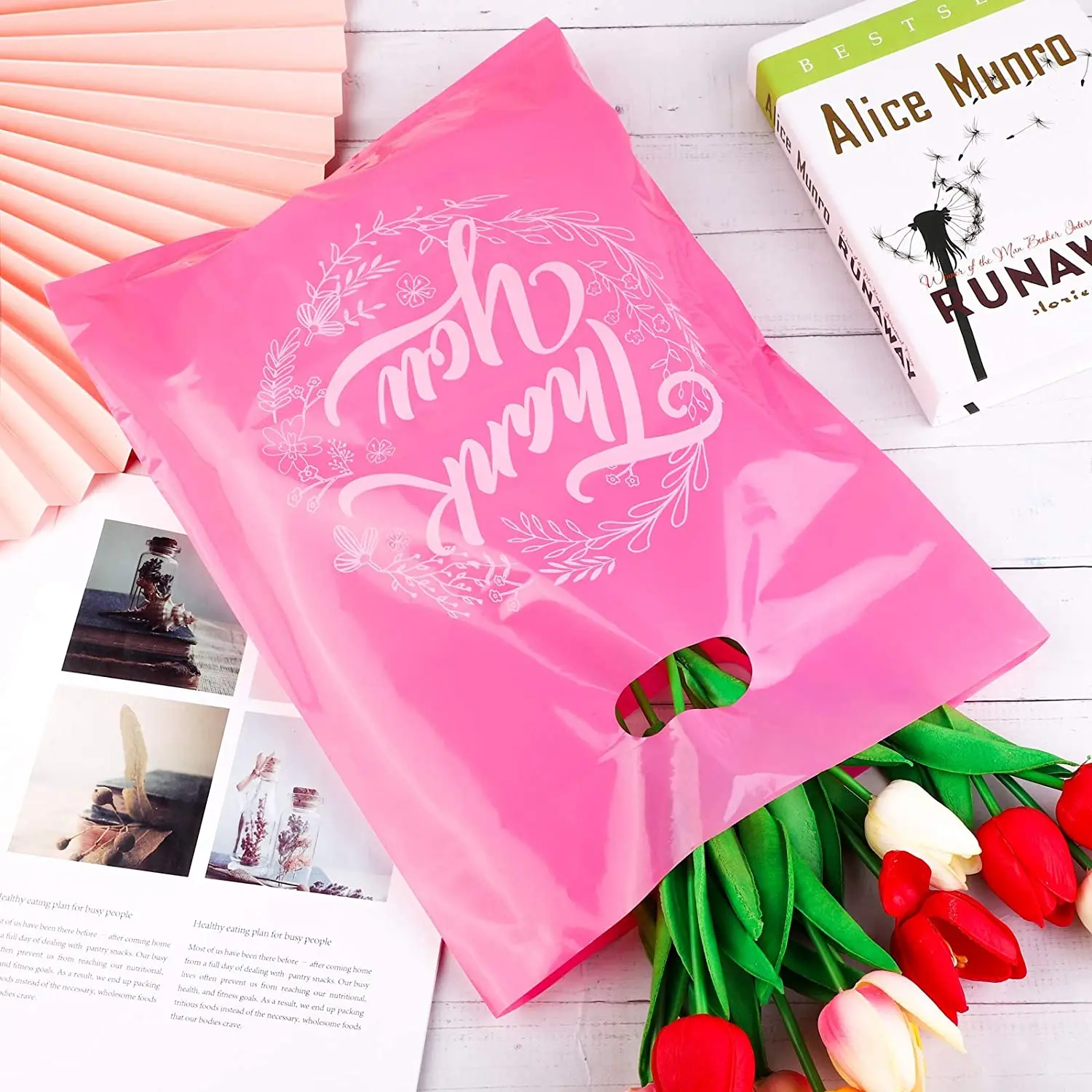 2 Mil LDPE Recyclable Shopping Bags 12x15 Die Cut Heat Seal Handle Gusset Type Grocery Industrial Use Thank You Logo Pink