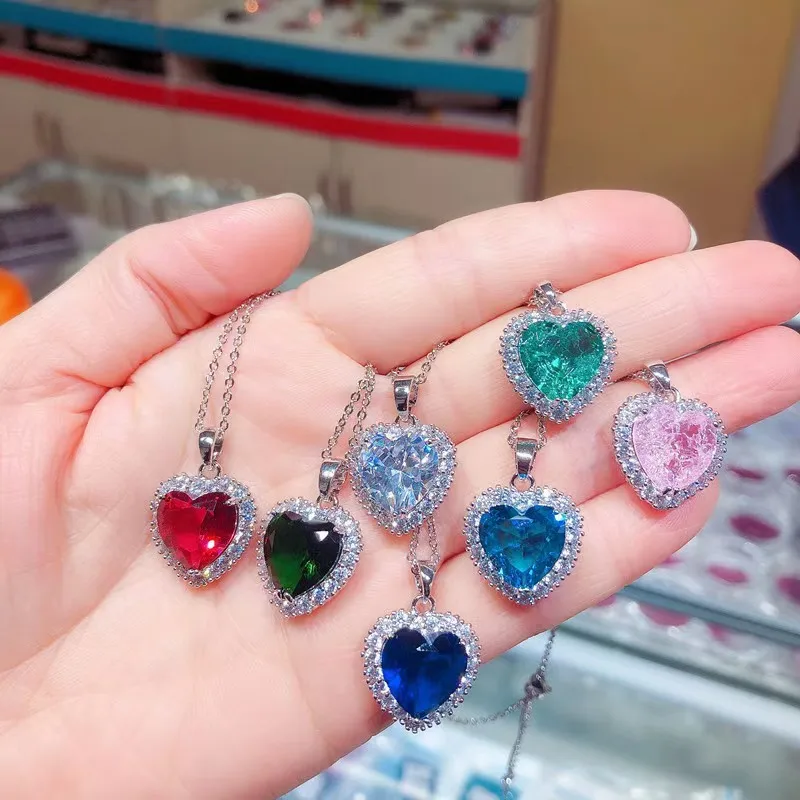 Luxury Big Crystal Heart Pendant Necklace for Women Rhinestone  Heart Of Ocean Blue Heart Love Jewelry
