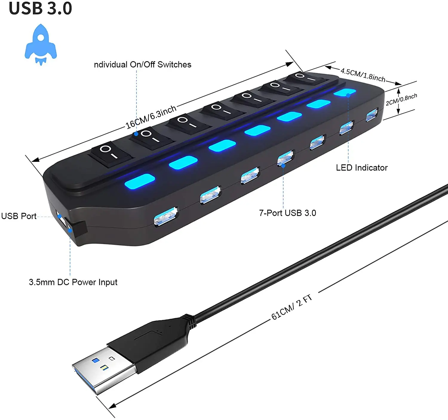 Прямая поставка от производителя Мощный Usb-концентратор с 7 портами 3 0 индивидуальными светодиодными переключателями