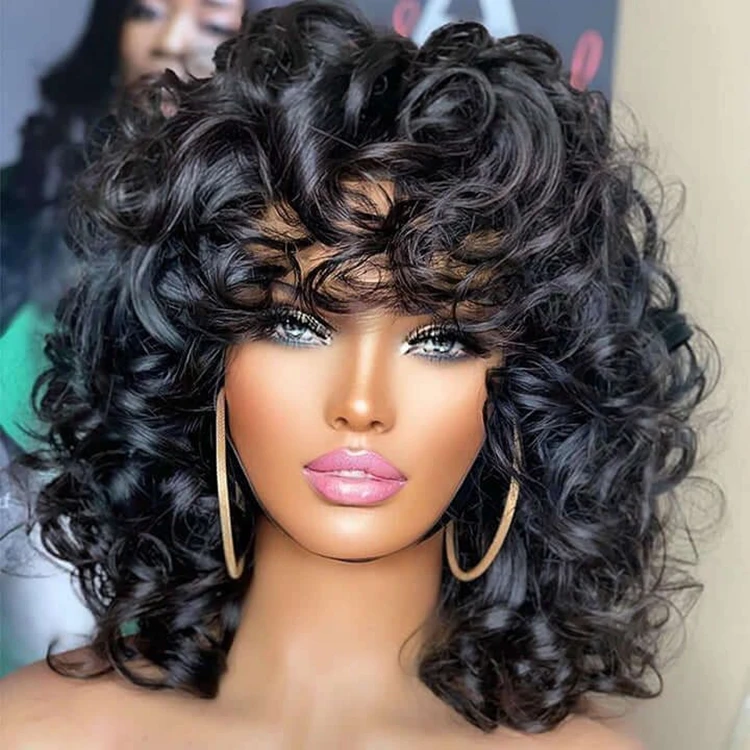 Short Curly Wig With Bangs 180% Density Double Drawn Human Hair Wig Machine Made Human Hair Short Curly Bob Wigs With Bang