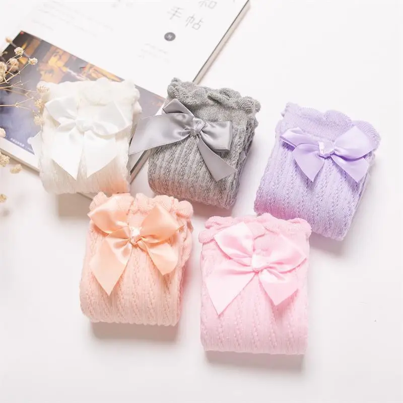 Girls Breathable Mesh Cable Knit Knee High Socks With Satin Bow Decorative Accessories Bowknot Lace Ruffle Princess Socks