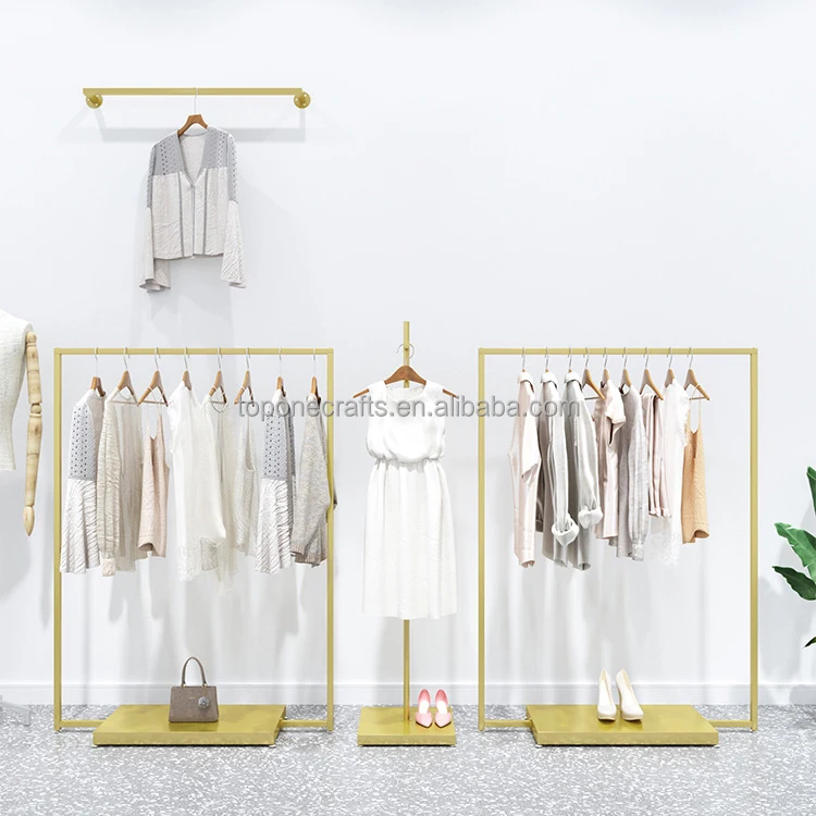 Modern Fashion Retail Gold Metal Garment Hanging Stand Boutique Floor Standing Clothes Display For Trade Show Display