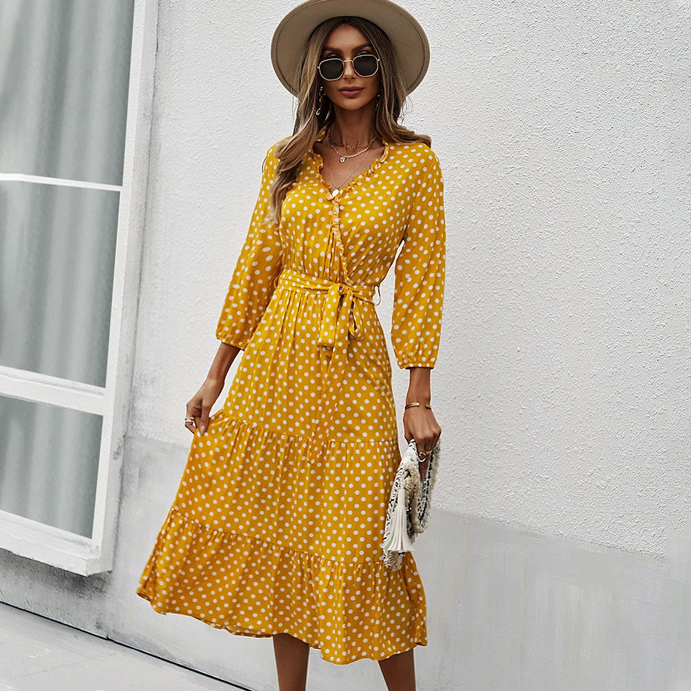 Chinese clothes supplier 100% polyester polka dots print ruffled v neck tiered gather big hem A line casual maxi dresses