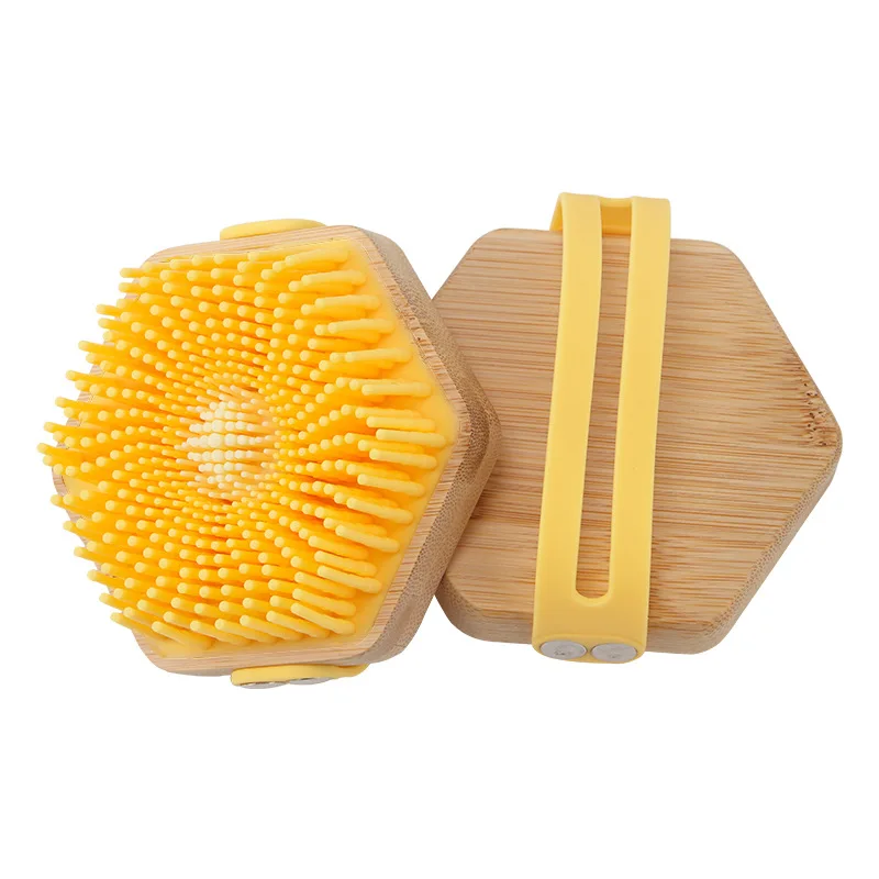 CM Hexagonal Solid wood handle brush in silicone hair bath and body Massage And Wash Hair Tool