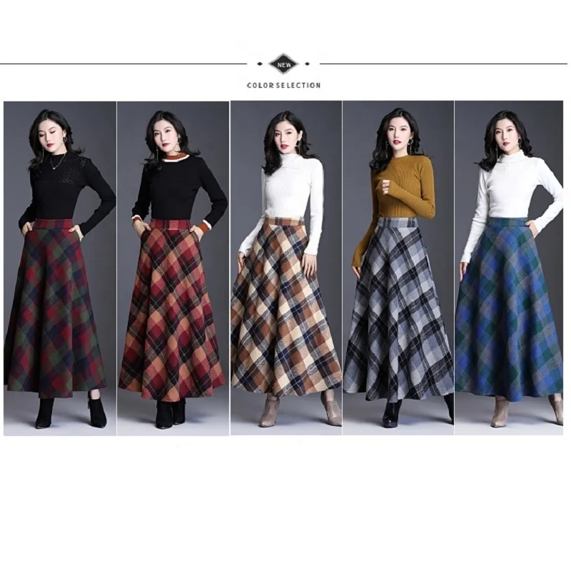 Custom plaid a line long skirt for Women autumn and winter woolen Pleated Skirt high waist A-line woolen mid-length skirt