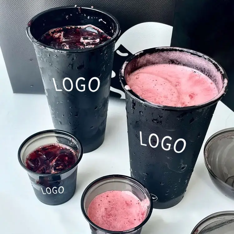 90 98mm caliber16oz 22oz Take away Non-taxic disposable black plastic cup bubble tea milk juice cold drinking cup