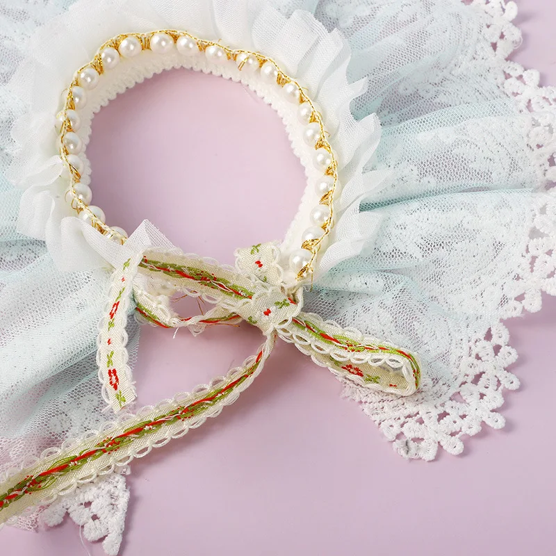 
New Wholesale Pearl Double Layer Blue Pink Beige Lace Small Fresh Pet Scarf with Beaded Pet Accessories Scarf Cat Collar 