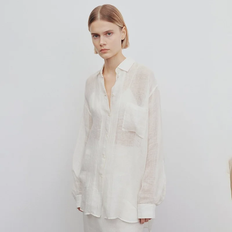 Bettergirl 2024 New Design Custom Lady Casual Top Clothes White Linen Blouse Women Fashion Long Sleeve Shirt Simple Design