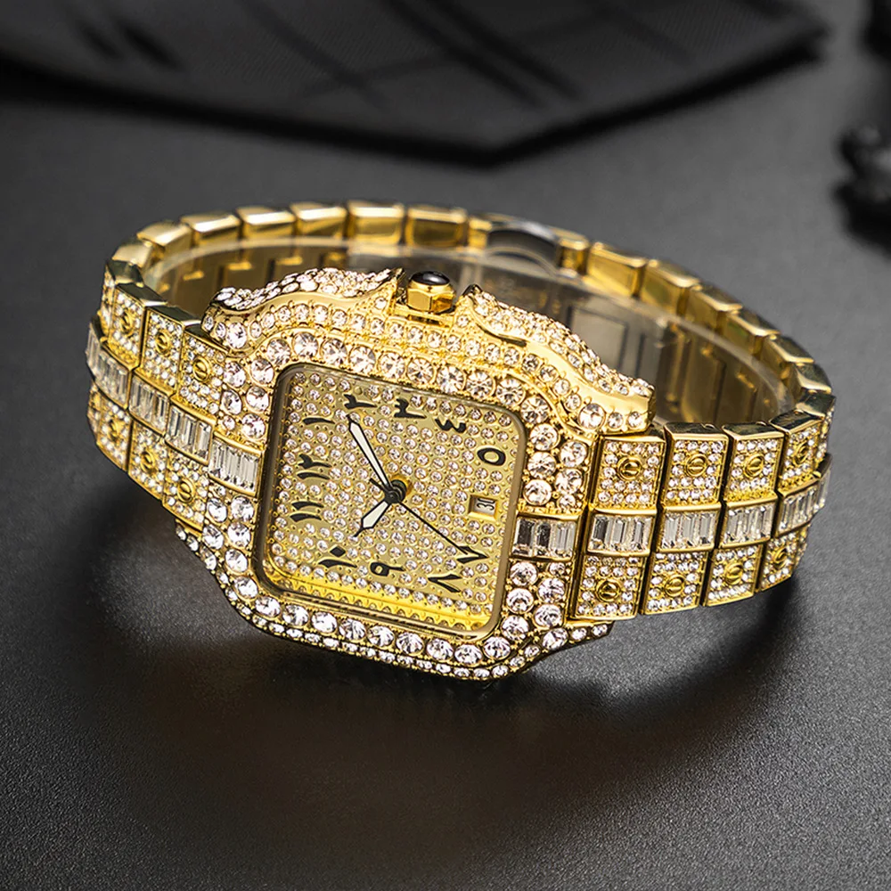 Hot promotion square steel strip timing calendar japan quartz movement diamond watch for men high end light luxury