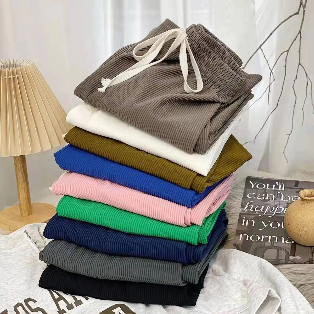 Casual solid color Women Wide Leg Pants Elastic drawstring High Waist Loose Long Pants Pleated Pant Trousers