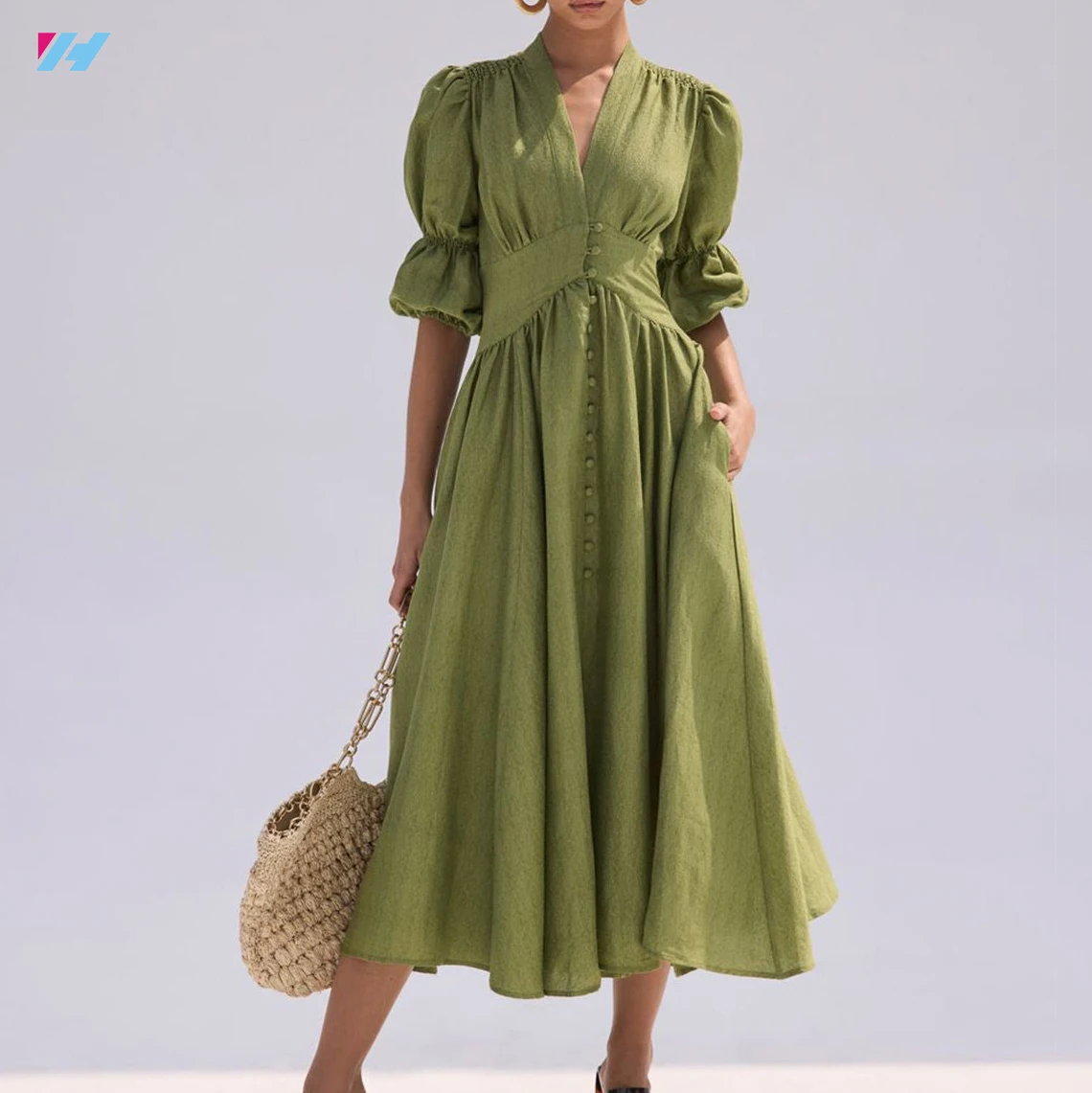 Custom High Quality Ladies Elegant Midi Long Cotton Linen Dresses For Women
