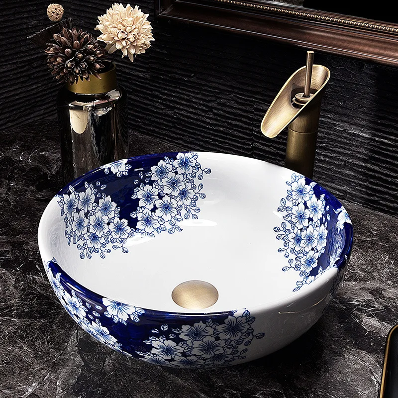 Blue and white Jingdezhen sakura ceramic sink wash basin Ceramic Counter Top Wash Basin Bathroom Sinks