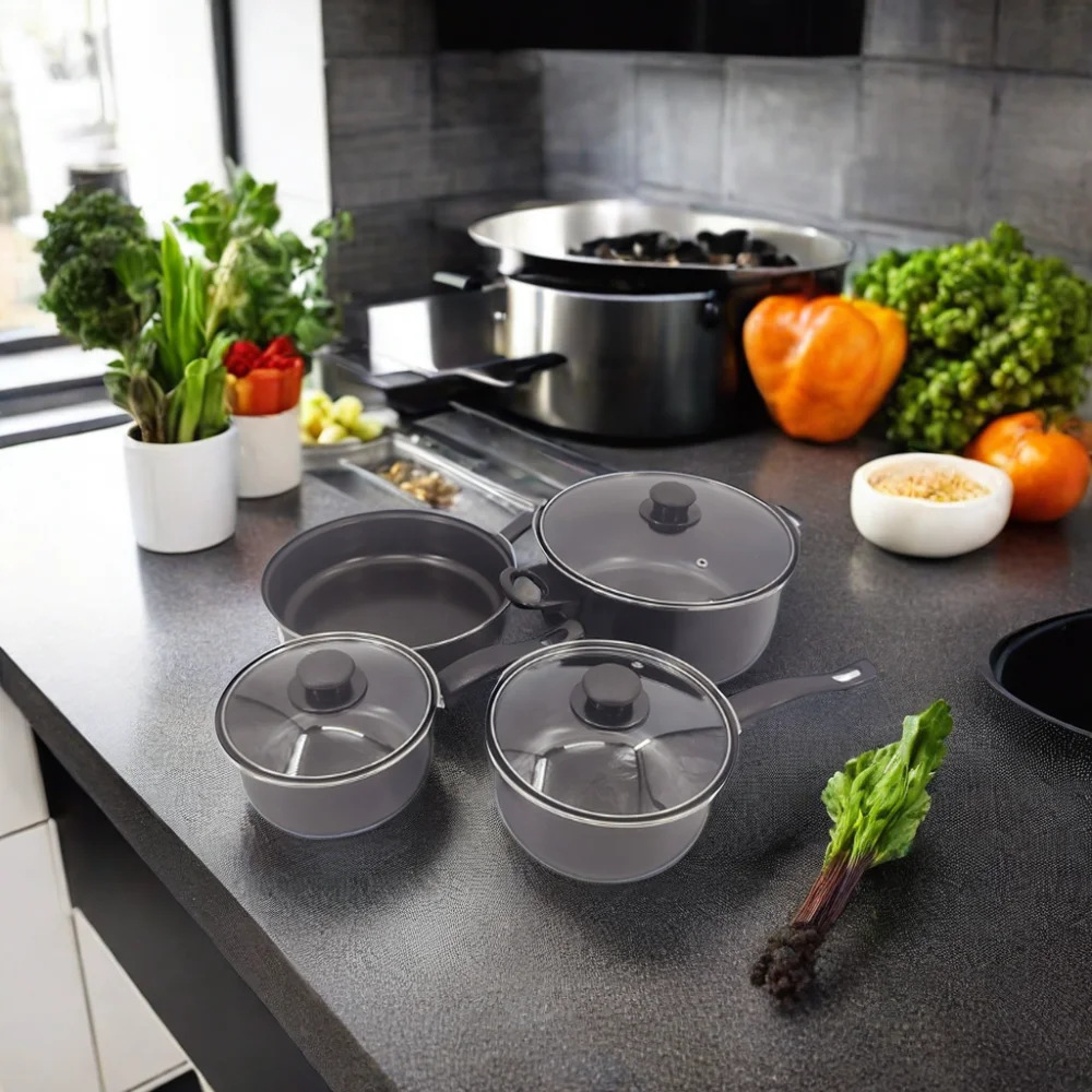 7-Piece Classic Design Carbon Steel Cookware Set Including 0.8mm 16cm 18cm Sauce Pan 24cm Casserole Non-Stick Saute Pan