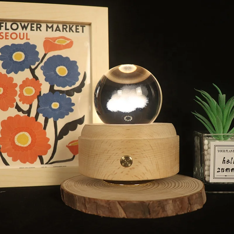 Hot Sale Music Box Bed Lamp Night Light 3d Crystal Ball Lamp With Led Lighting Wood Base