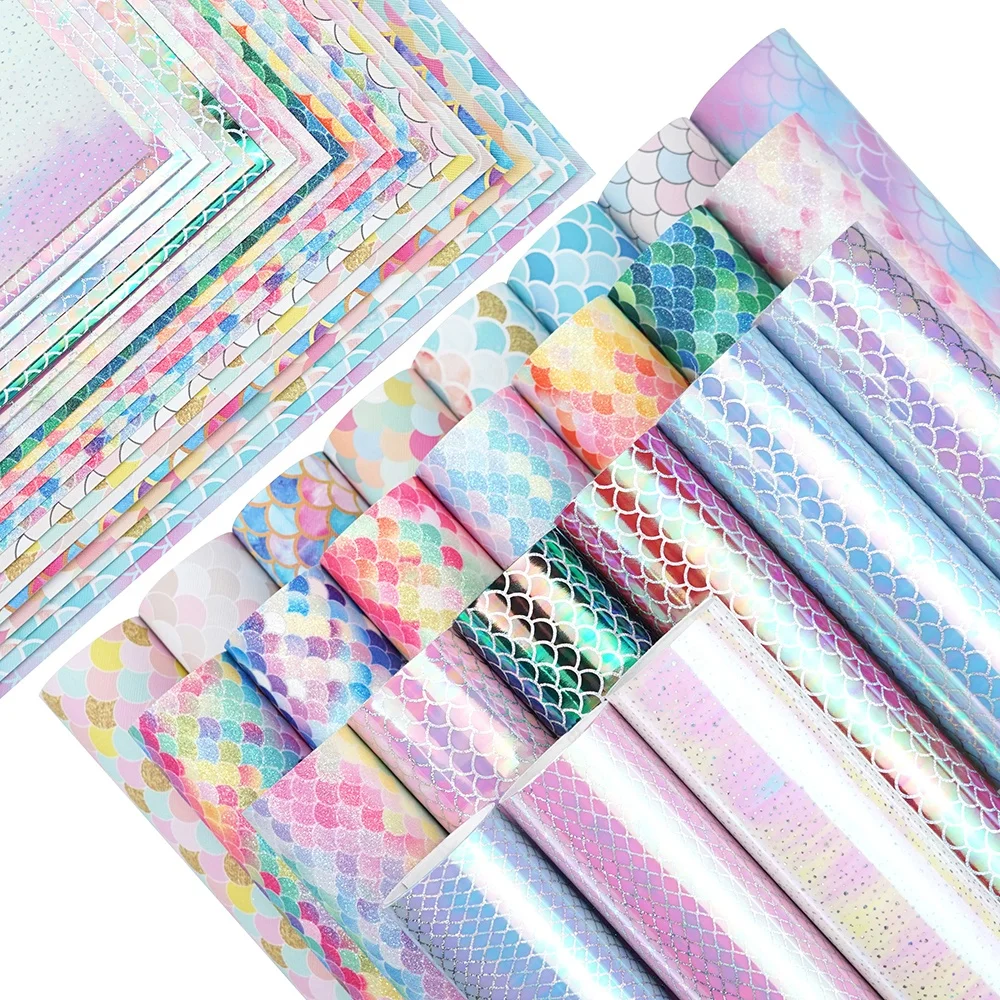 24 шт./компл. Блестящий лист из искусственной кожи с рисунком в виде рыбьей чешуи, синтетическая кожа Русалочки для изготовления бантов и сережек своими руками