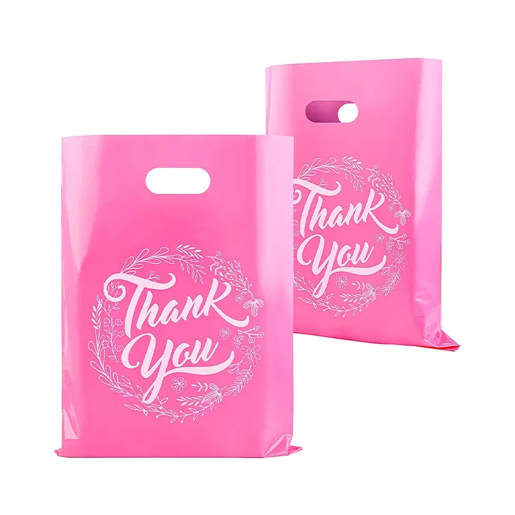 2 Mil LDPE Recyclable Shopping Bags 12x15 Die Cut Heat Seal Handle Gusset Type Grocery Industrial Use Thank You Logo Pink