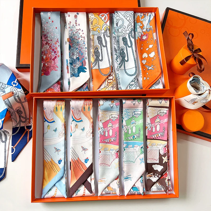 Zandy OEM&ODM Ladies Twill Silk Handbag Scarf Bow Print Printed Dot Leopard Leaf Pattern Square Adult  Decoration Accessories