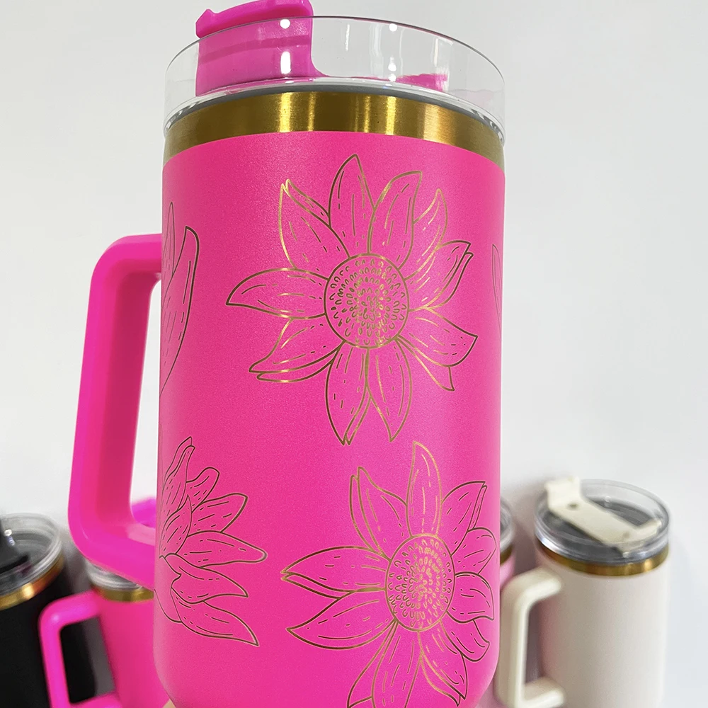 Laser Engraved powder coated stainless steel 40oz cream copper tumbler with handle for Sunflower Laser Engrave