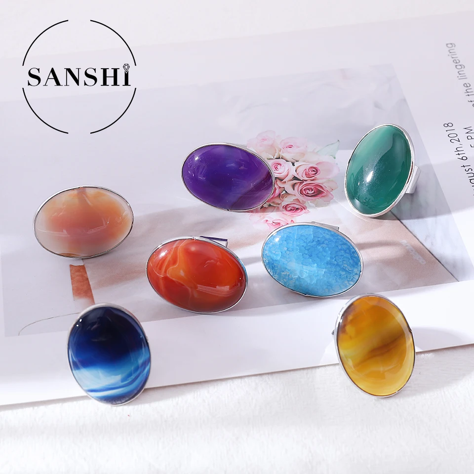 High Quality Simple Fashion Oval Colour Agate Gemstone Rings Natural Jade Agate Stone Women Ring