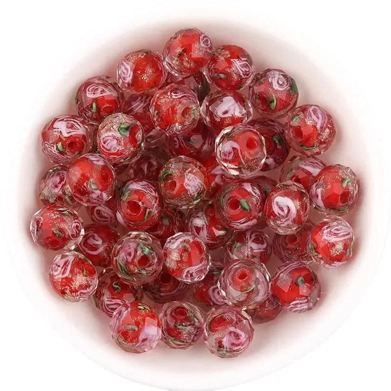 Hot Sell 10 Pcs/1 Pack Flower Glass Beads Elegant 8mm 10mm 12mm Round Beads For DIY Necklace Bracelet Jewelry Accessories