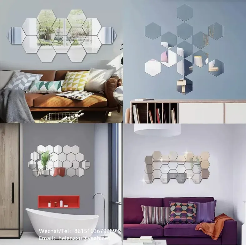 24PCS 3D Hexagon Mirror Tiles Wall Stickers Self Adhesive Decor Stick On Art Home