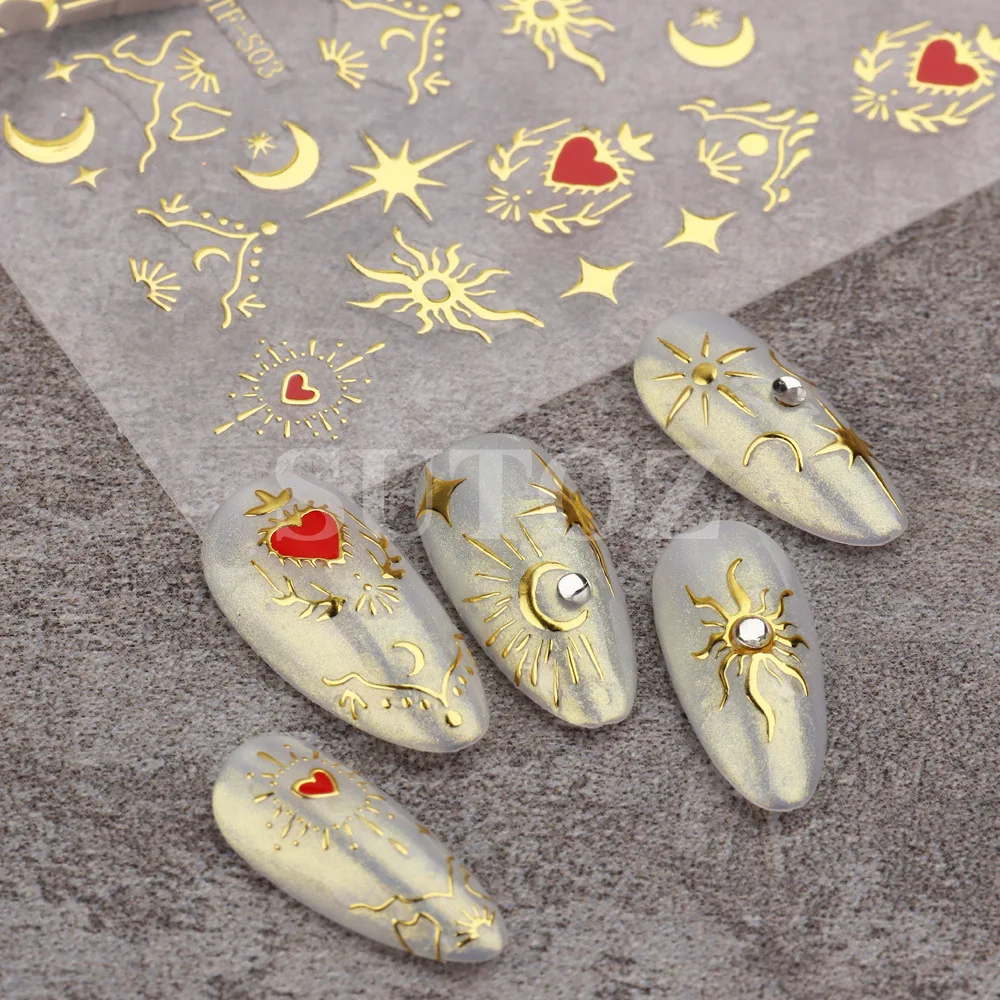 2024 New Arrival Gold DIY Nail Art Stickers & Decals For Nails Nail Decor Sticker Sun Moon Star Flowers Golden
