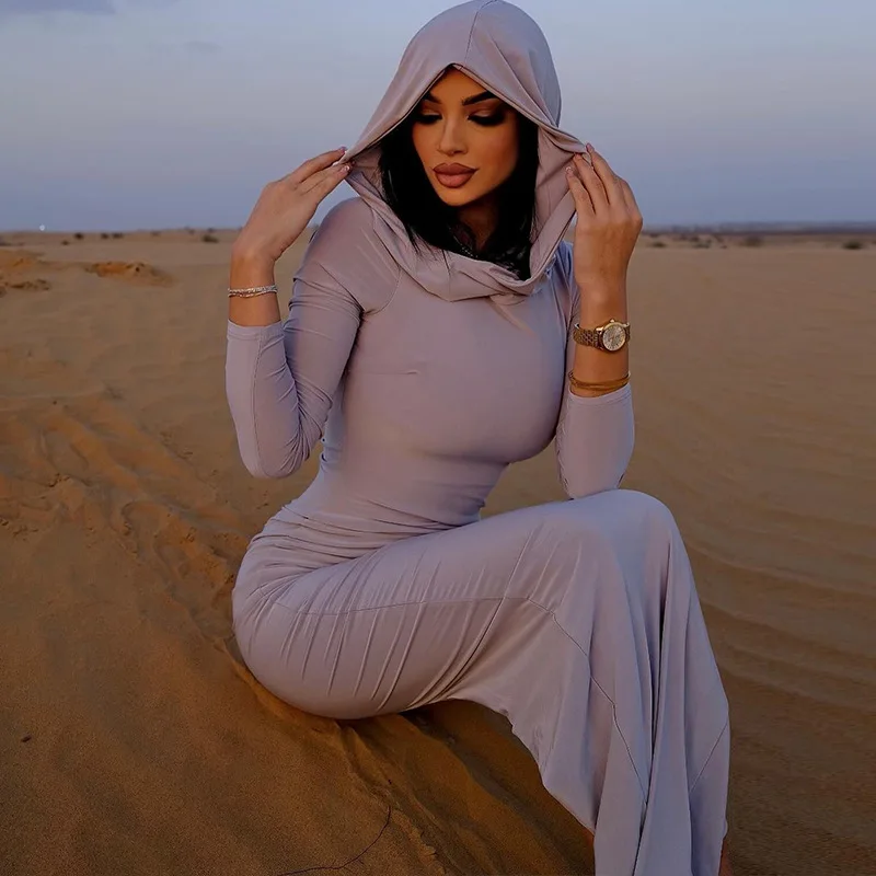 Wholesale Solid Color Slim Fit Dresses Women Lady Elegant Celebrity Style Long Step Wrap Hip Skirt Casual Hooded Dress