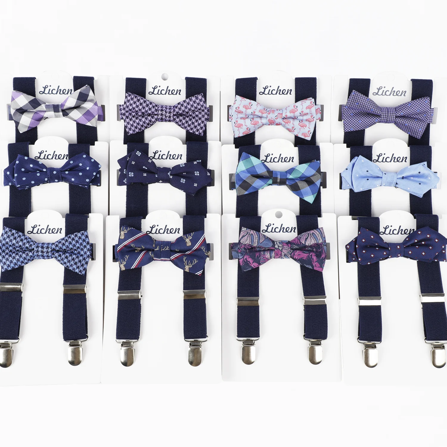 Y Back 3 Clips Suspender Strap With Leather Patch and Self Tie Bowties for Boys