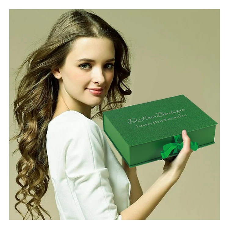 luxury satin lining different color glitter paper gift hair extension wig boxes custom logo packaging with ribbon