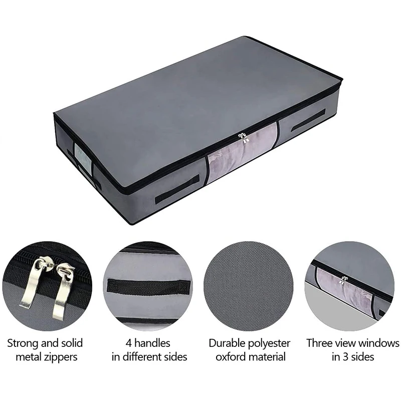 Gray Dustproof Oxford Cloth High Capacity Under Bed Storage Bag of Blankets Quilt Organizer Storage Bags with Clear Window