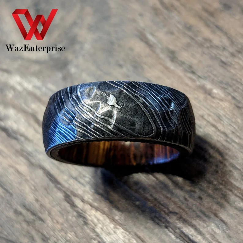 
Rings Custom Made Damascus Steel Ring Carbon Steel Ring Wood Inlay 