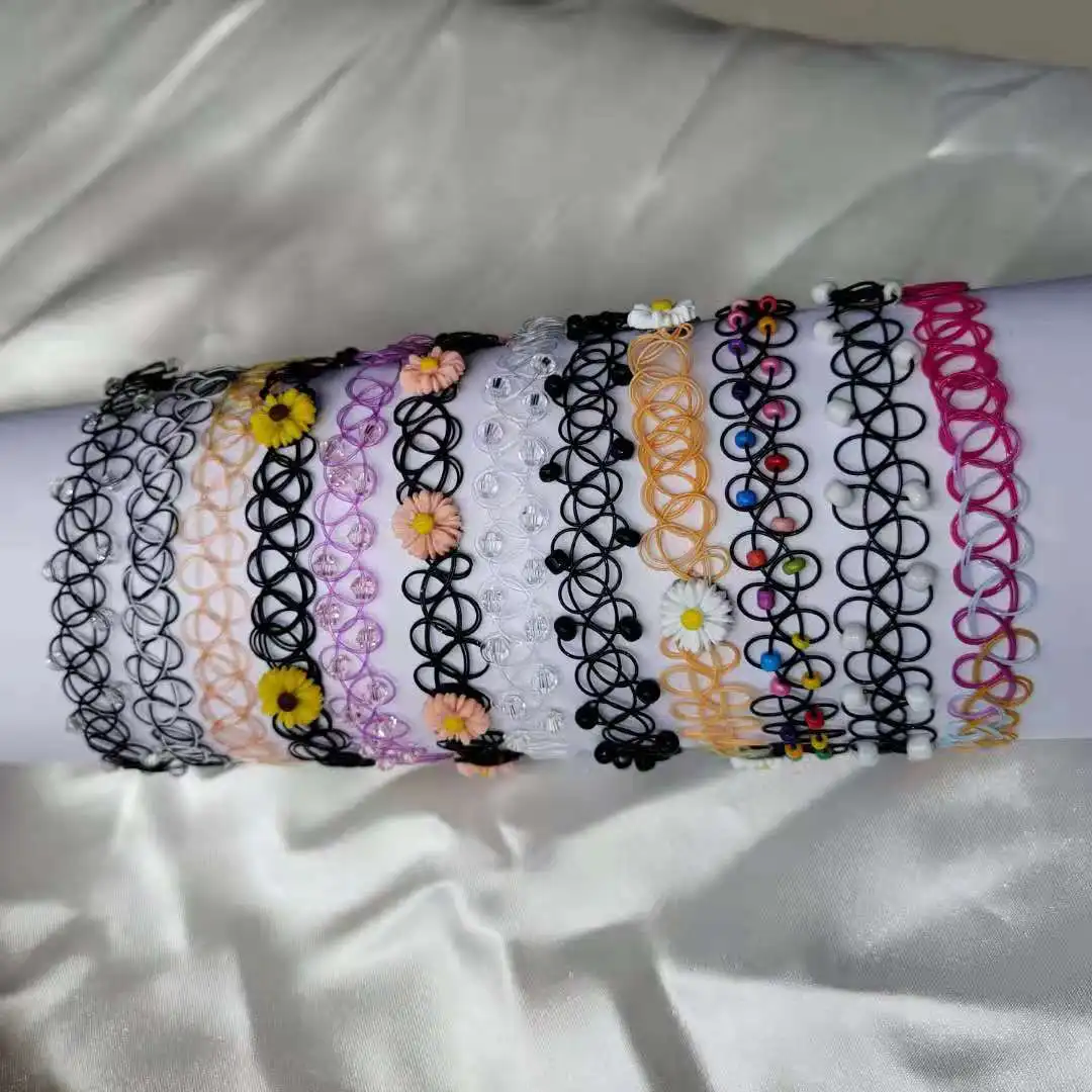12Pcs/Set Colorful Collar Stretch Tattoo Choker Necklace Women Punk Gothic Elastic Hollow Fishline Flower Pendants Necklaces
